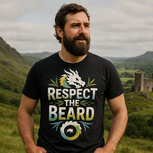 Lifestyle shot of the "Respect the Beard" black dragons shirts in a real-world setting