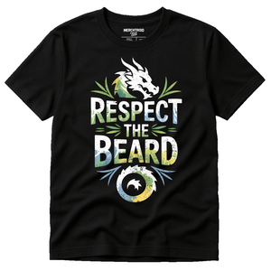 Black Dragons Shirts - "Respect the Beard" graphic tee with gray print, flat lay product photo