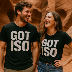 Person wearing the black photographers shirts graphic tee - "Got Iso" design