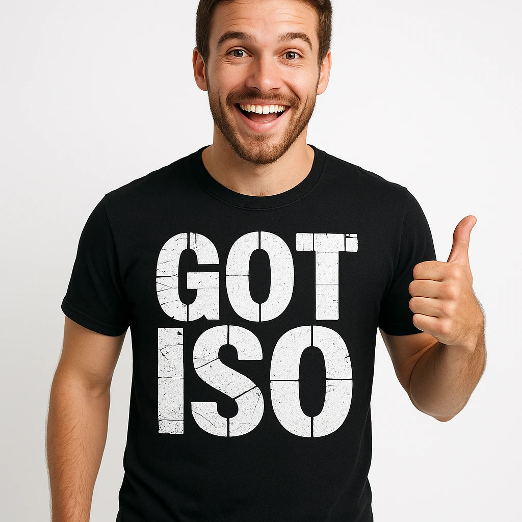 Close-up of the "Got Iso" white print on a premium Bella+Canvas black photographers shirts