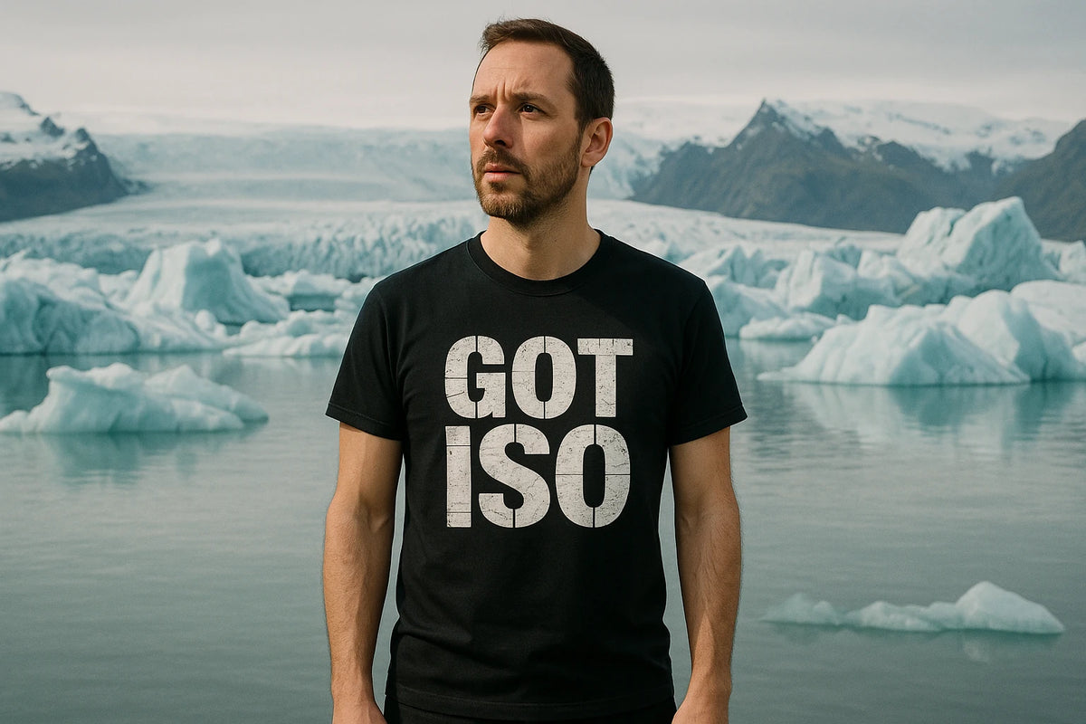 Lifestyle shot of the "Got Iso" black photographers shirts in a real-world setting