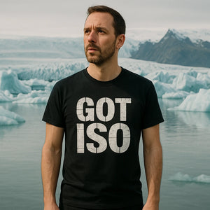 Lifestyle shot of the "Got Iso" black photographers shirts in a real-world setting