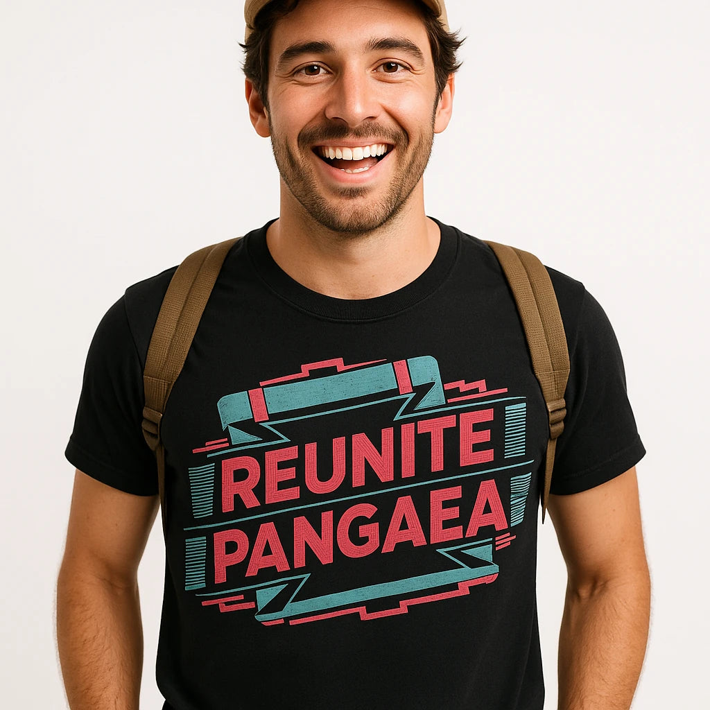 Close-up of the "Reunite Pangaea" red print on a premium Bella+Canvas black cartographer t shirt