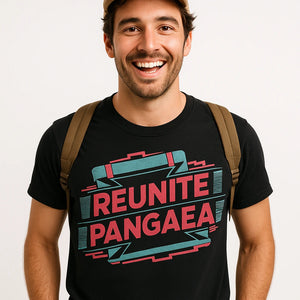 Close-up of the "Reunite Pangaea" red print on a premium Bella+Canvas black cartographer t shirt