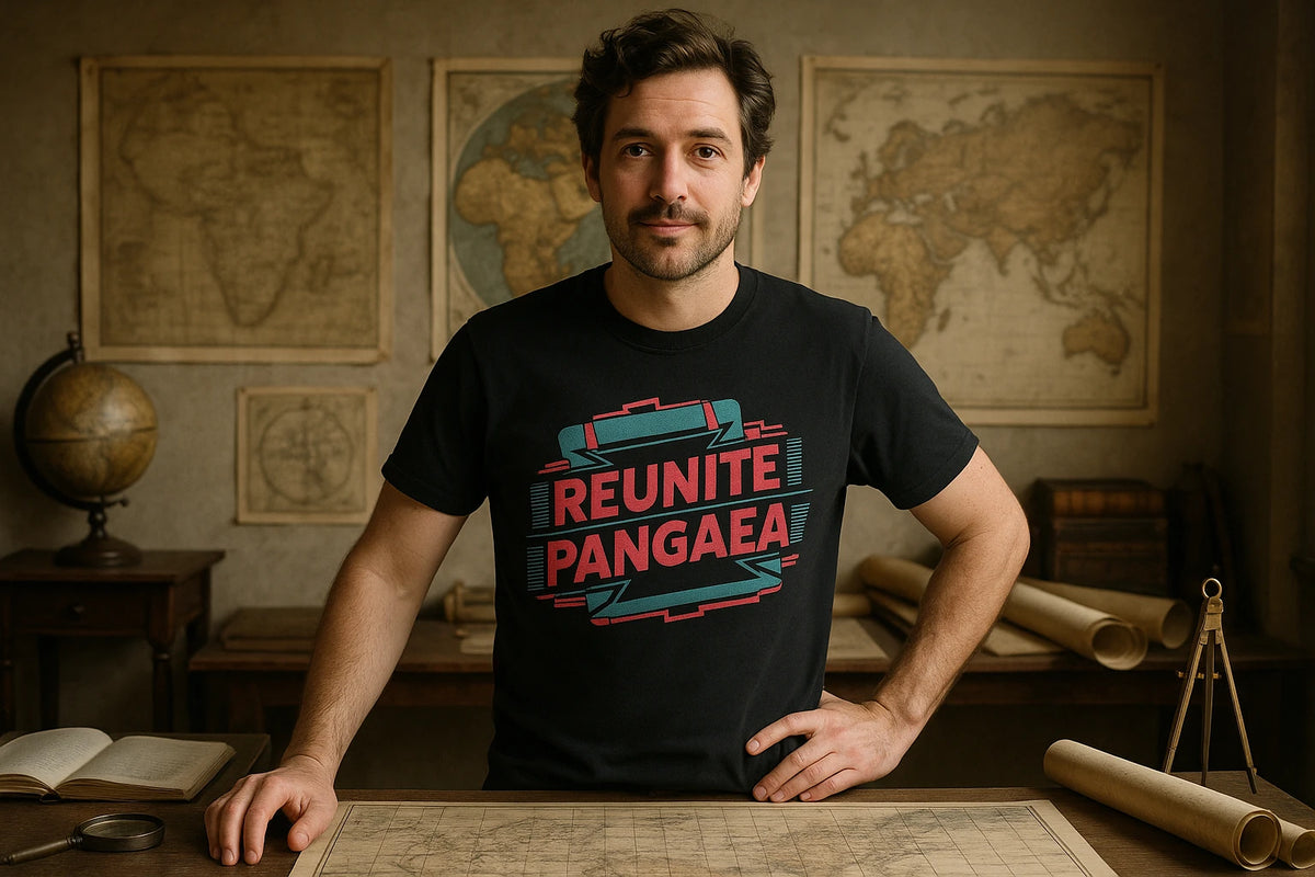 Lifestyle shot of the "Reunite Pangaea" black cartographer t shirt in a real-world setting