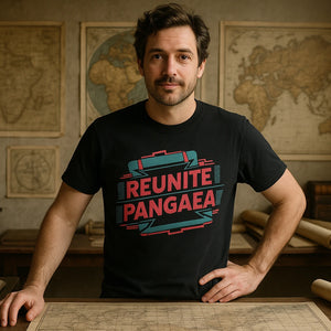 Lifestyle shot of the "Reunite Pangaea" black cartographer t shirt in a real-world setting