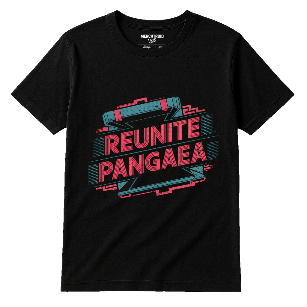 Black Cartographer T Shirt - "Reunite Pangaea" graphic tee with red print, flat lay product photo