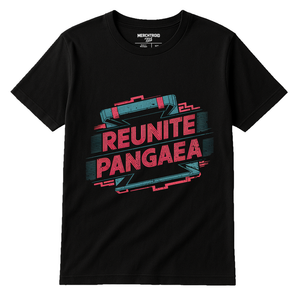 Black Cartographer T Shirt - "Reunite Pangaea" graphic tee with red print, flat lay product photo