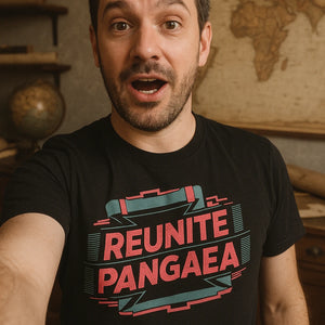 "Reunite Pangaea" black cartographer t shirt, photographed as cartographer gift