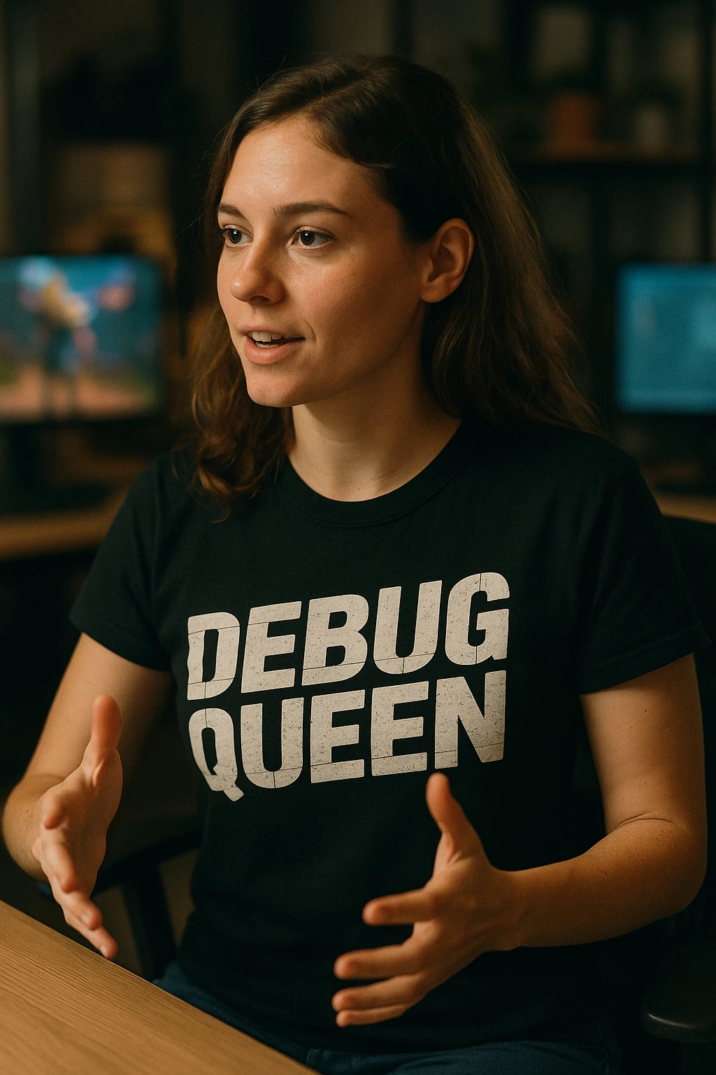 "Debug Queen" black game developer t shirt, photographed as gifts for video game developers