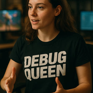 "Debug Queen" black game developer t shirt, photographed as gifts for video game developers