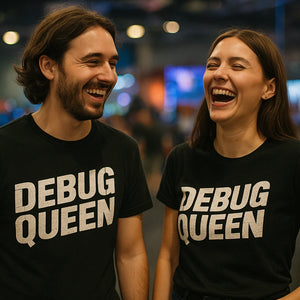 Person wearing the black game developer t shirt graphic tee - "Debug Queen" design