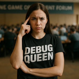 Lifestyle shot of the "Debug Queen" black game developer t shirt in a real-world setting