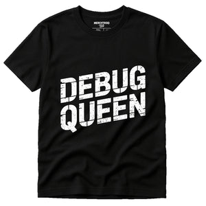 Black Game Developer T Shirt - "Debug Queen" graphic tee with white print, flat lay product photo
