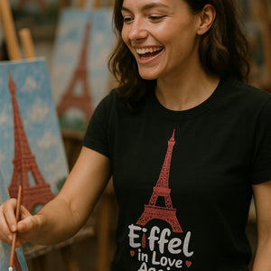 "Eiffel in Love Again" black eiffel tower t shirt - a birthday gift for the eiffel tower lover