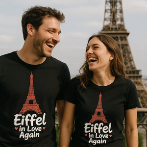 Person wearing the black eiffel tower t shirt graphic tee - "Eiffel in Love Again" design