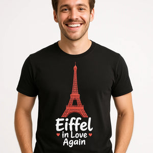 Close-up of the "Eiffel in Love Again" red print on a premium Bella+Canvas black eiffel tower t shirt