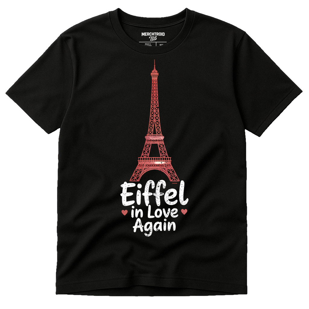 Black Eiffel Tower T Shirt - "Eiffel in Love Again" graphic tee with red print, flat lay product photo