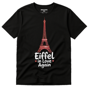 Black Eiffel Tower T Shirt - "Eiffel in Love Again" graphic tee with red print, flat lay product photo
