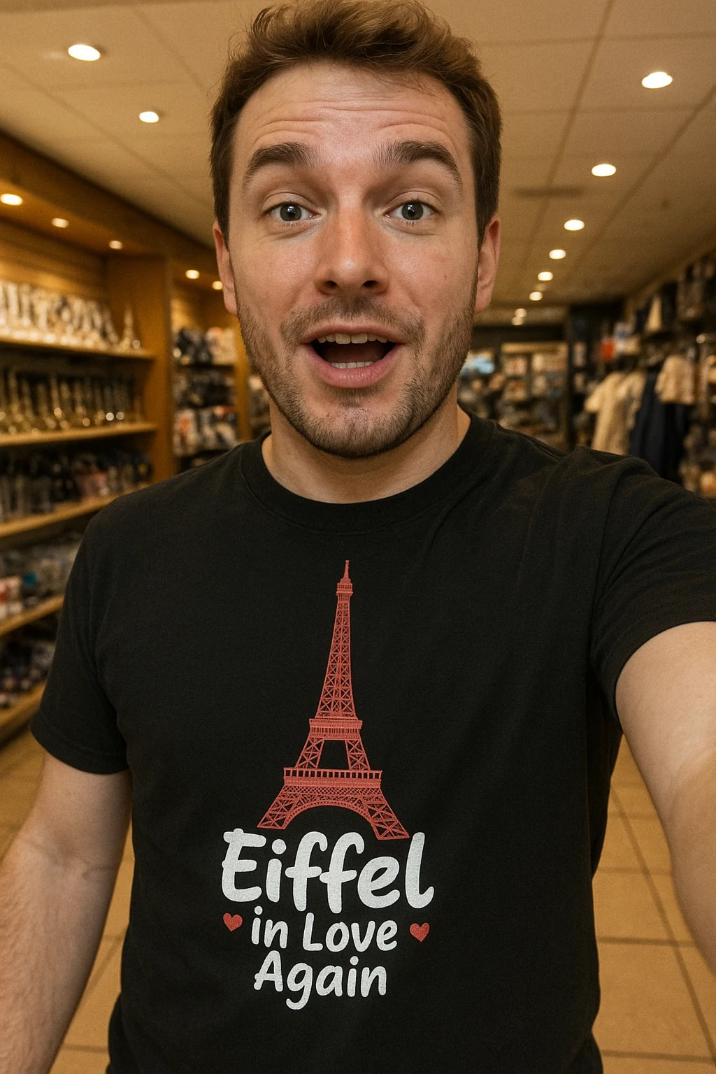 "Eiffel in Love Again" black eiffel tower t shirt, photographed as the eiffel tower lover gift