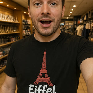 "Eiffel in Love Again" black eiffel tower t shirt, photographed as the eiffel tower lover gift