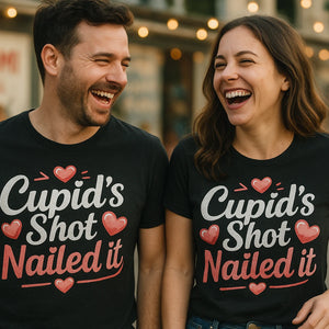Person wearing the black relationships shirts graphic tee - "Cupid’S Shot Nailed It" design