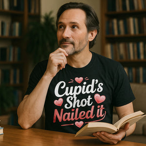 Lifestyle shot of the "Cupid’S Shot Nailed It" black relationships shirts in a real-world setting