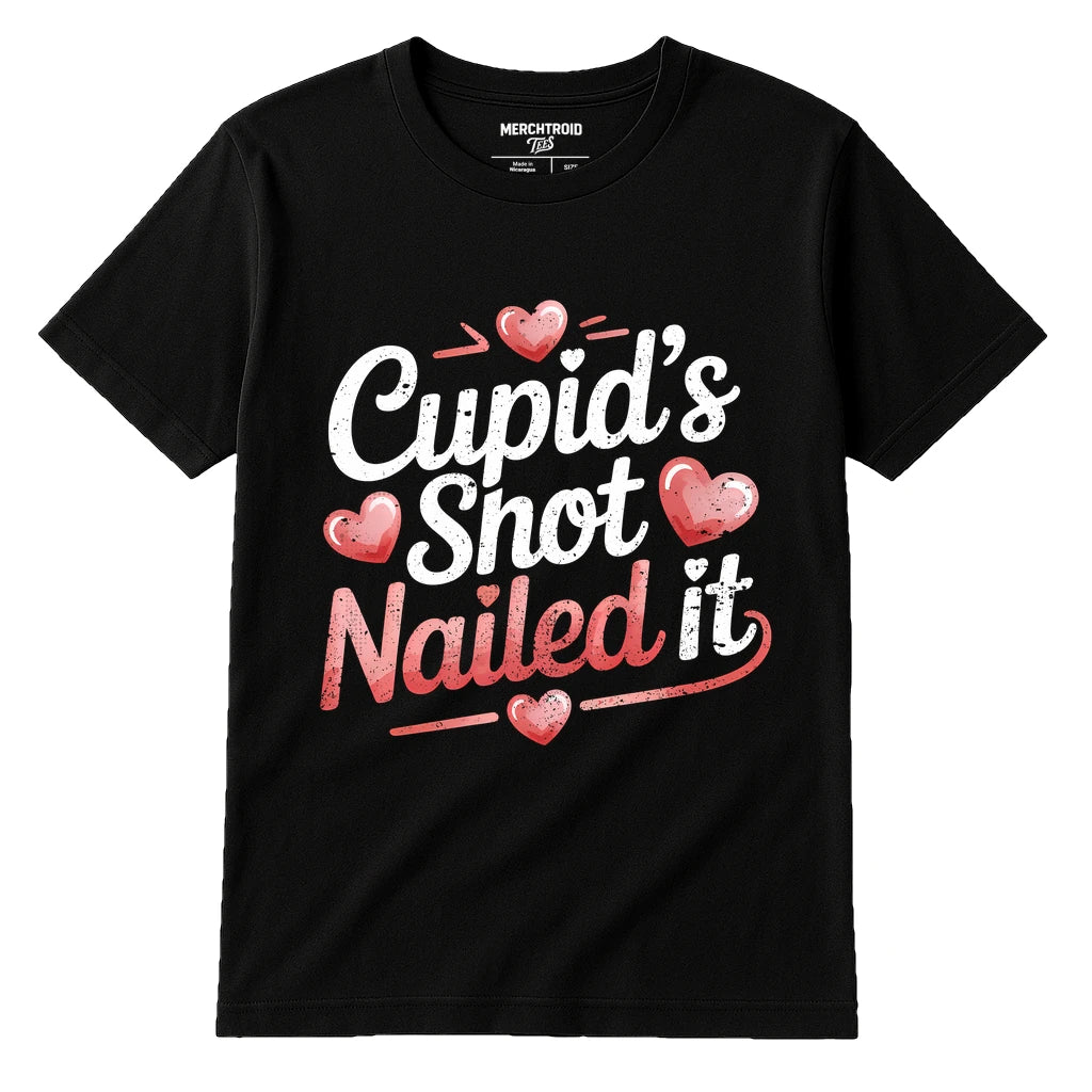 Black Relationships Shirts - "Cupid’S Shot Nailed It" graphic tee with pink print, flat lay product photo
