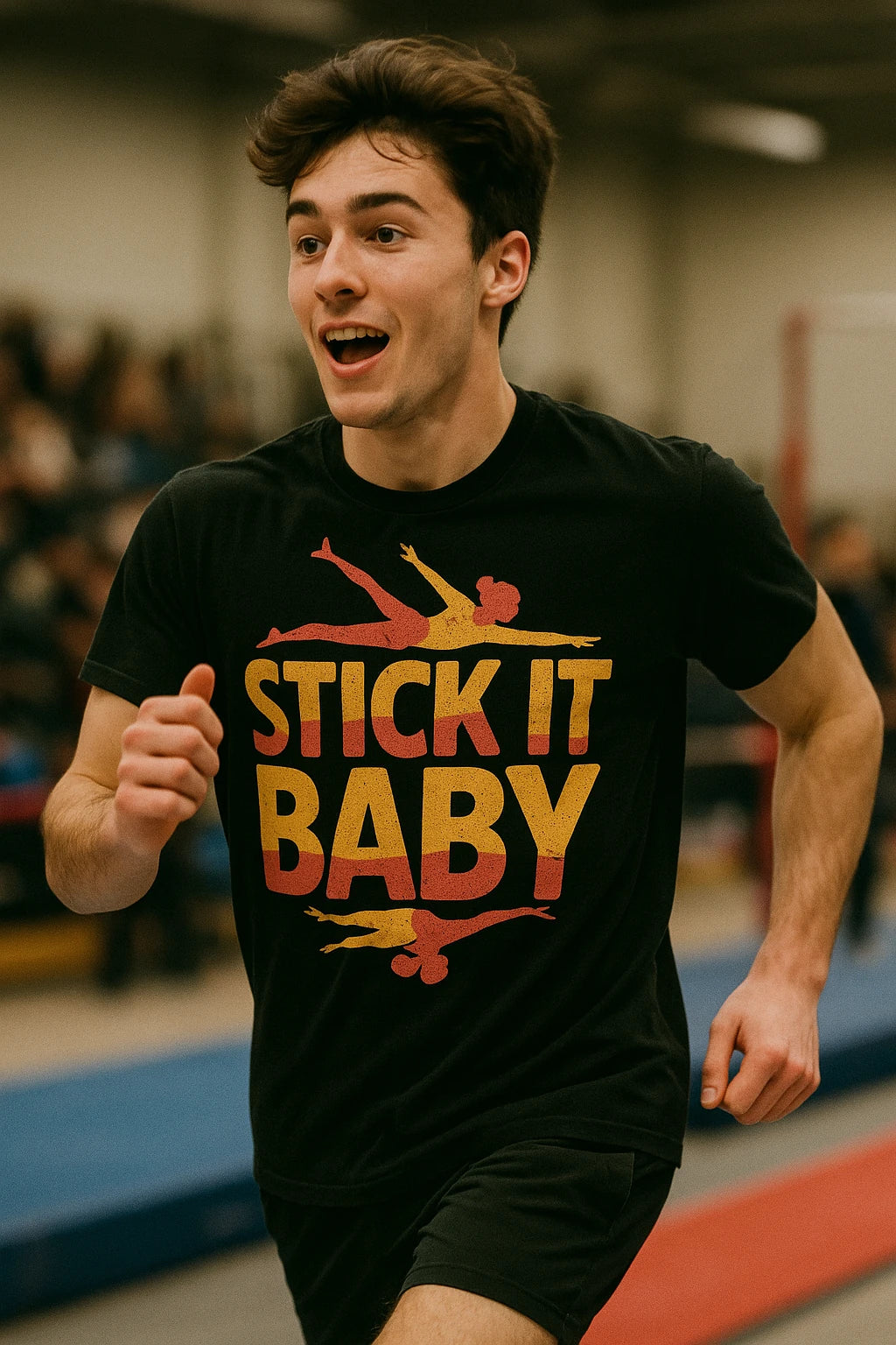 "Stick It Baby" black gymnastics t shirt designs, photographed as gift for gymnastics lover
