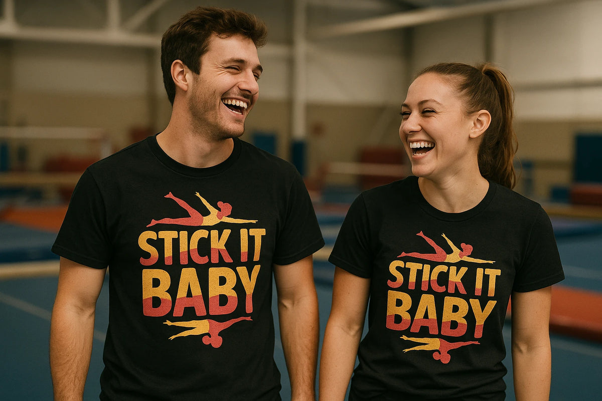 Person wearing the black gymnastics t shirt designs graphic tee - "Stick It Baby" design