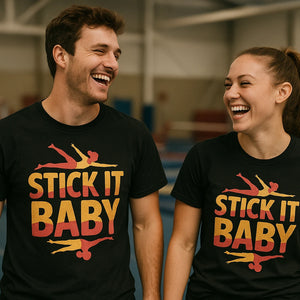 Person wearing the black gymnastics t shirt designs graphic tee - "Stick It Baby" design