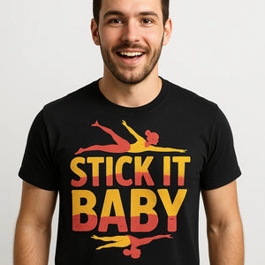 Close-up of the "Stick It Baby" yellow print on a premium Bella+Canvas black gymnastics t shirt designs