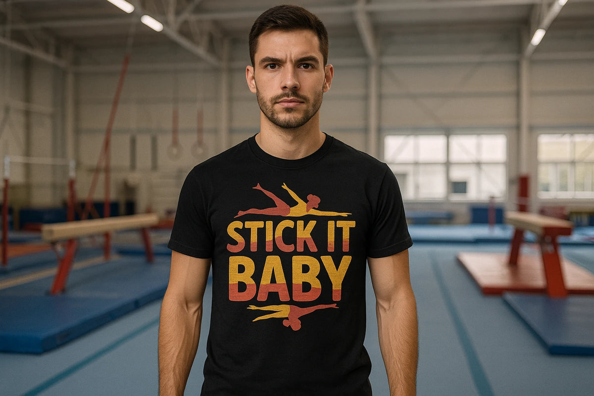 Lifestyle shot of the "Stick It Baby" black gymnastics t shirt designs in a real-world setting