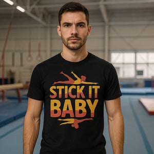Lifestyle shot of the "Stick It Baby" black gymnastics t shirt designs in a real-world setting