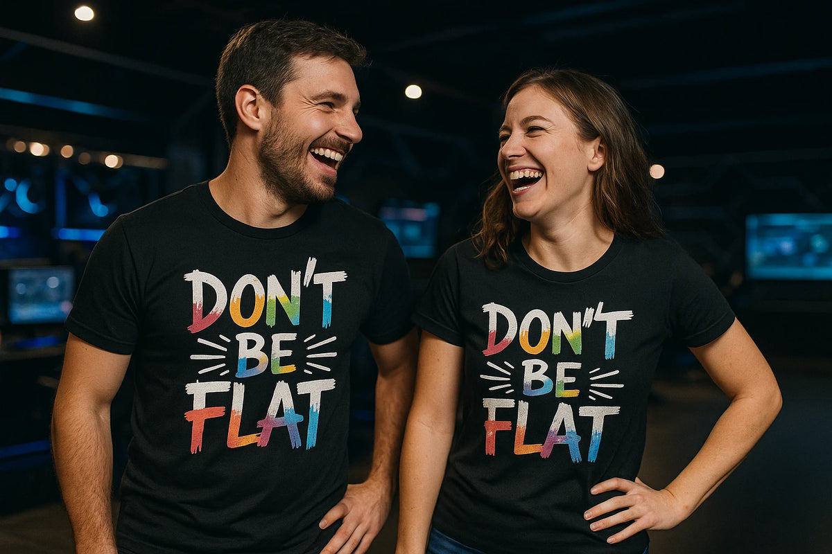 Person wearing the black virtual reality t shirt graphic tee - "Dont Be Flat" design