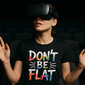 Lifestyle shot of the "Dont Be Flat" black virtual reality t shirt in a real-world setting