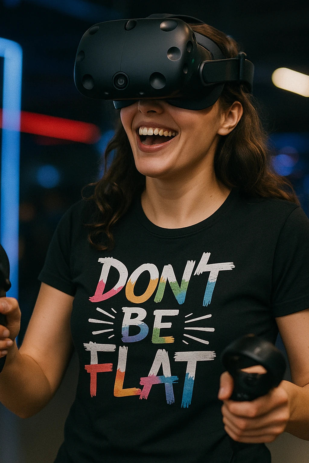"Dont Be Flat" black virtual reality t shirt, photographed as virtual reality lover gift