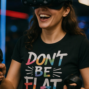 "Dont Be Flat" black virtual reality t shirt, photographed as virtual reality lover gift