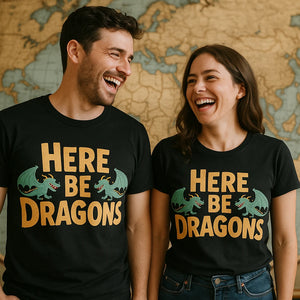 Person wearing the black cartographer shirts graphic tee - "Here Be Dragons" design