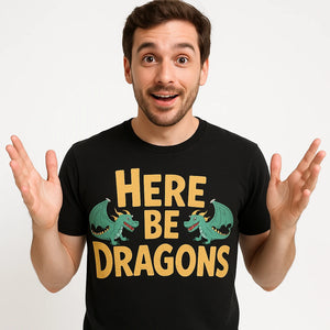 Close-up of the "Here Be Dragons" tan print on a premium Bella+Canvas black cartographer shirts