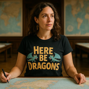 Lifestyle shot of the "Here Be Dragons" black cartographer shirts in a real-world setting