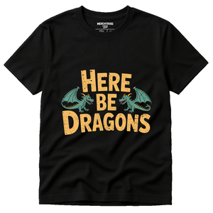 Black Cartographer Shirts - "Here Be Dragons" graphic tee with tan print, flat lay product photo