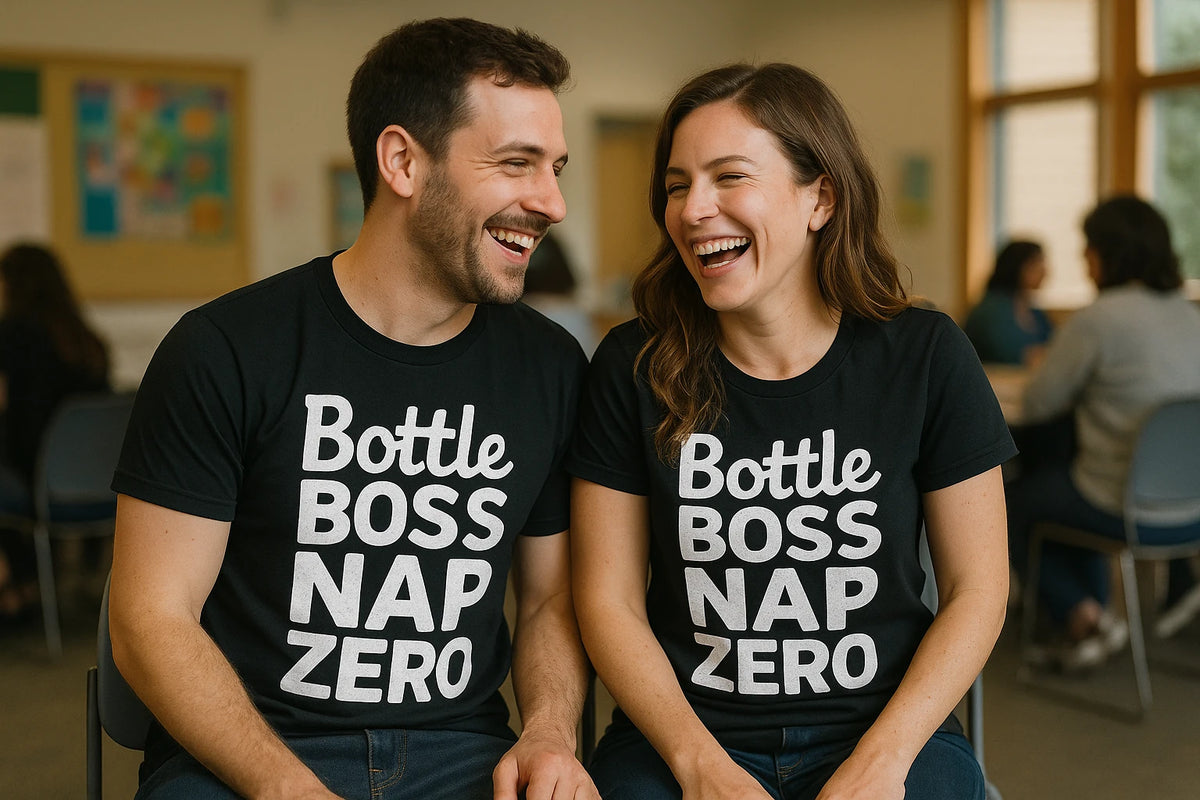 Person wearing the black new parents shirts graphic tee - "Bottle Boss Nap Zero" design