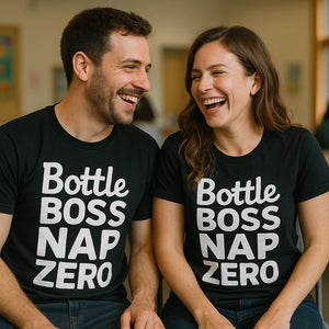 Person wearing the black new parents shirts graphic tee - "Bottle Boss Nap Zero" design
