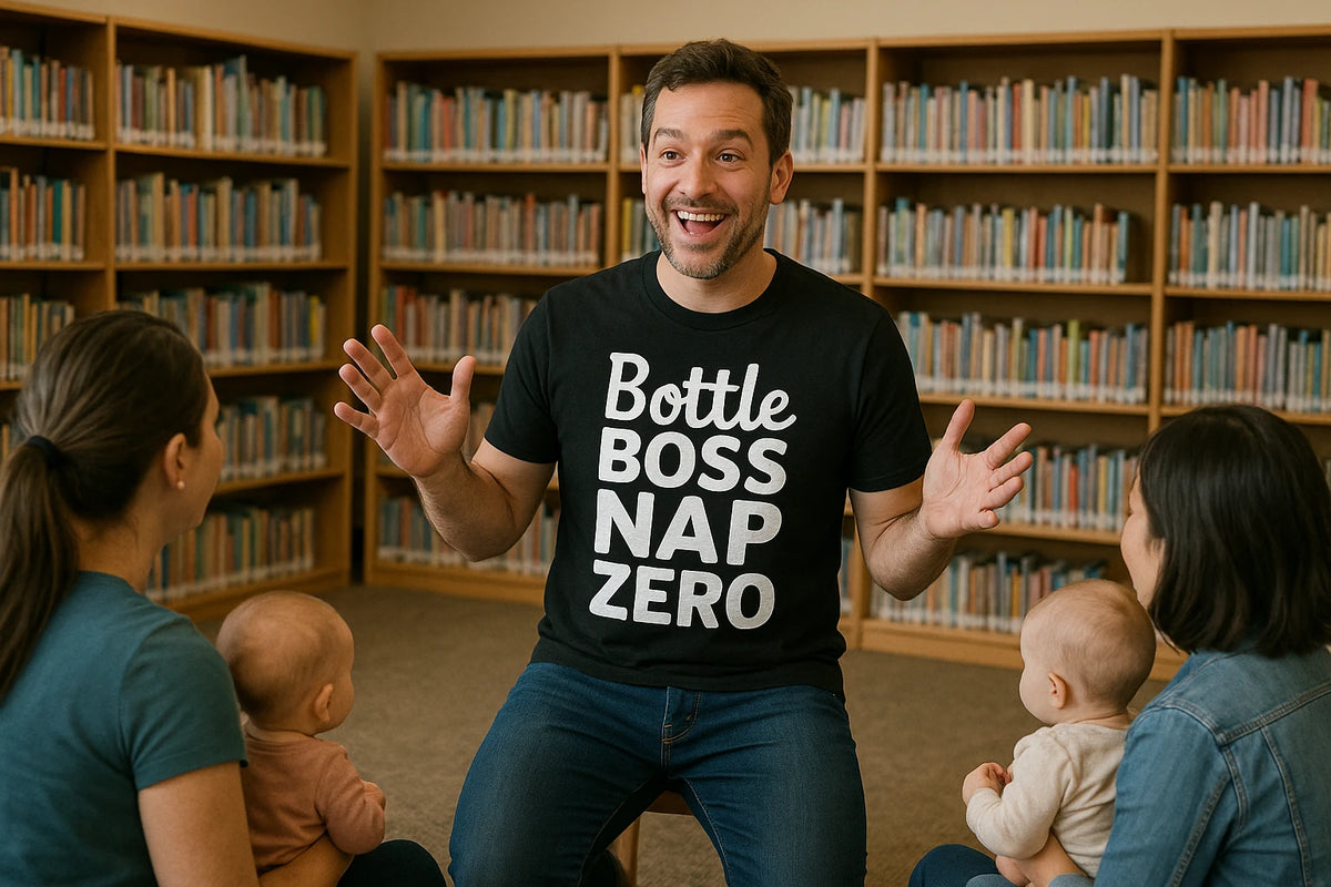 Lifestyle shot of the "Bottle Boss Nap Zero" black new parents shirts in a real-world setting