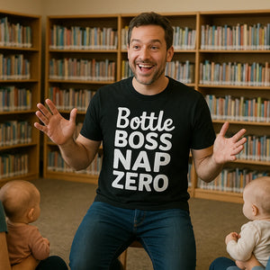 Lifestyle shot of the "Bottle Boss Nap Zero" black new parents shirts in a real-world setting