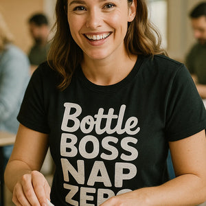 "Bottle Boss Nap Zero" black new parents shirts, photographed as new parents lover gift