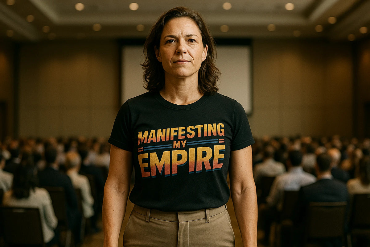 Lifestyle shot of the "Manifesting My Empire" black entrepreneurs shirts in a real-world setting