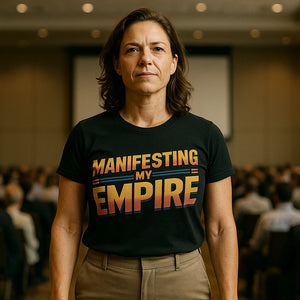 Lifestyle shot of the "Manifesting My Empire" black entrepreneurs shirts in a real-world setting