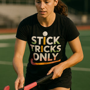 "Stick Tricks Only" black field hockey sweatshirt, photographed as gifts for field hockey lovers
